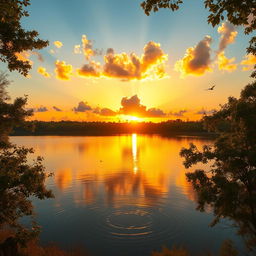 A serene landscape bathed in warm, golden sunlight during a beautiful sunset, showcasing a tranquil lake reflecting the vibrant colors of the sky