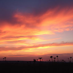 A breathtaking sunset sky filled with vibrant hues of orange, pink, and purple, casting a warm glow over a tranquil landscape