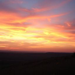 A breathtaking sunset sky filled with vibrant hues of orange, pink, and purple, casting a warm glow over a tranquil landscape