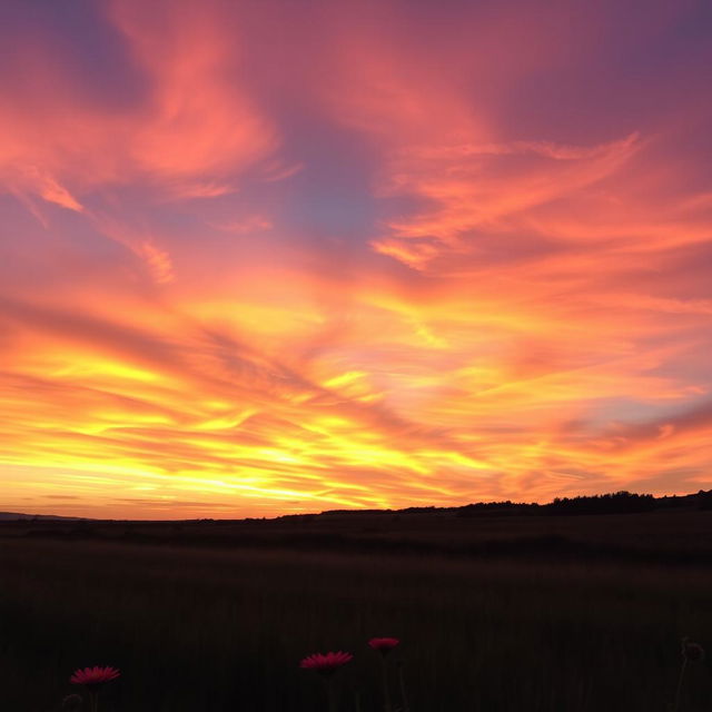 A breathtaking sunset sky filled with vibrant hues of orange, pink, and purple, casting a warm glow over a tranquil landscape