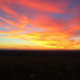 A breathtaking sunset sky filled with vibrant hues of orange, pink, and purple, casting a warm glow over a tranquil landscape