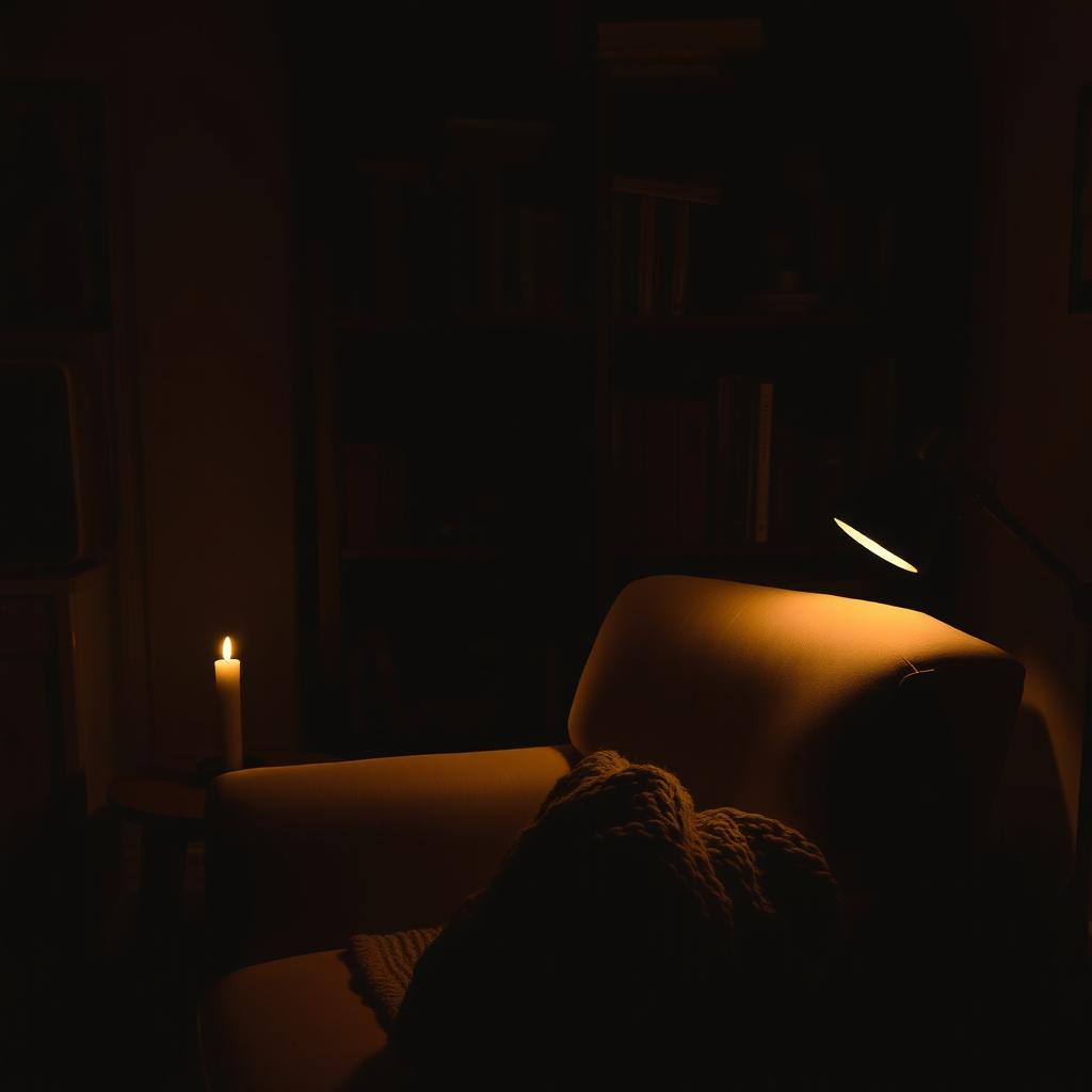 A cozy, intimate room illuminated by soft, dim lighting, creating a warm and inviting atmosphere