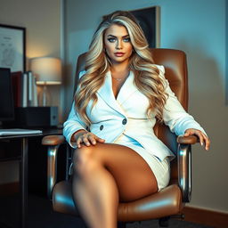 A sexy, beautiful, thick curvy 18-year-old woman with very long, messy dirty blonde hair and striking crystal blue eyes