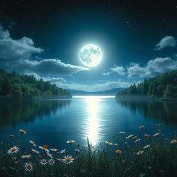A serene night scene depicting a bright full moon casting its silvery light over a tranquil lake, surrounded by lush green forests