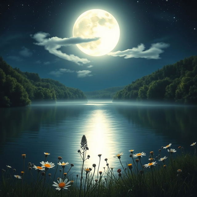 A serene night scene depicting a bright full moon casting its silvery light over a tranquil lake, surrounded by lush green forests