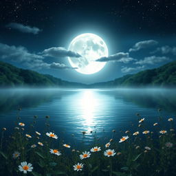 A serene night scene depicting a bright full moon casting its silvery light over a tranquil lake, surrounded by lush green forests