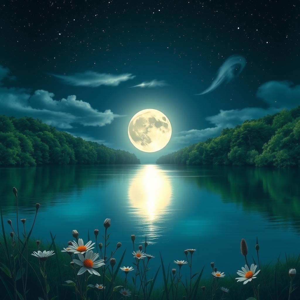 A serene night scene depicting a bright full moon casting its silvery light over a tranquil lake, surrounded by lush green forests