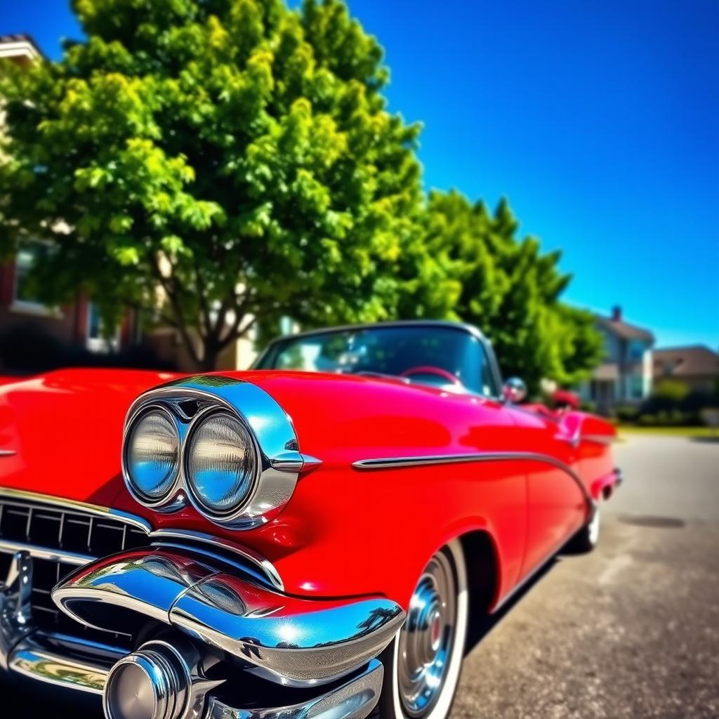 A vibrant scene featuring a red and blue car parked on a sunny street