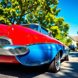 A vibrant scene featuring a red and blue car parked on a sunny street