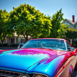A vibrant scene featuring a red and blue car parked on a sunny street