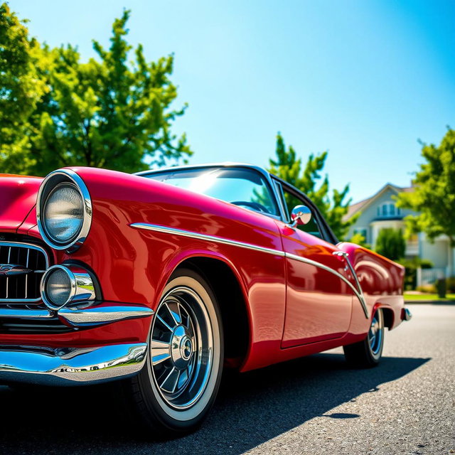 A vibrant scene featuring a red and blue car parked on a sunny street