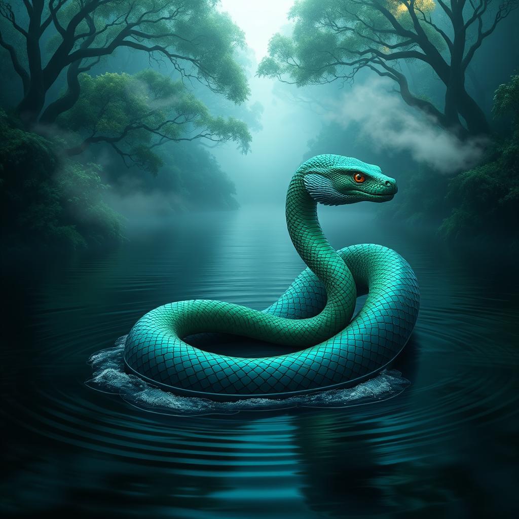 A majestic Nāga serpent, intricately designed with vibrant scales in shades of emerald green and deep blue