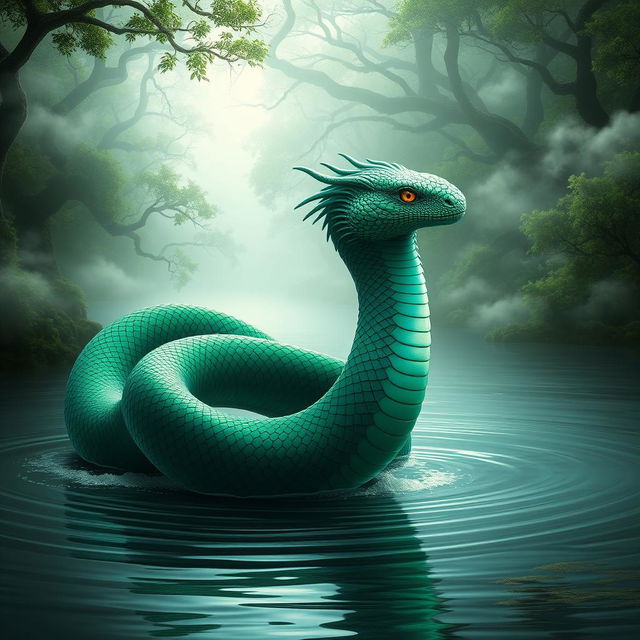 A majestic Nāga serpent, intricately designed with vibrant scales in shades of emerald green and deep blue