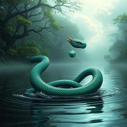 A majestic Nāga serpent, intricately designed with vibrant scales in shades of emerald green and deep blue