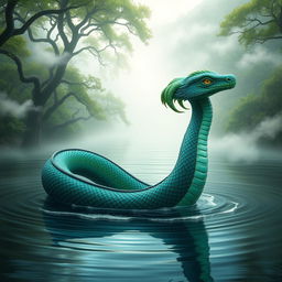 A majestic Nāga serpent, intricately designed with vibrant scales in shades of emerald green and deep blue