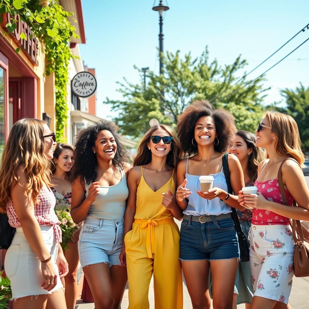 A vibrant street scene featuring a diverse group of American young women in stylish summer outfits, joyfully engaging in conversation outside a trendy coffee shop