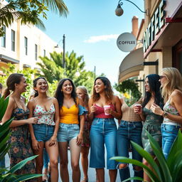 A vibrant street scene featuring a diverse group of American young women in stylish summer outfits, joyfully engaging in conversation outside a trendy coffee shop