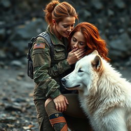 A powerful scene depicting a female Army combat medic helping an auburn-haired woman, who is wounded but brave