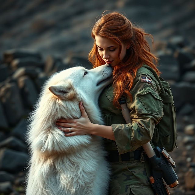 A powerful scene depicting a female Army combat medic helping an auburn-haired woman, who is wounded but brave