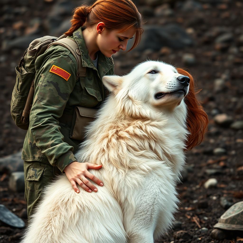 A powerful scene depicting a female Army combat medic helping an auburn-haired woman, who is wounded but brave
