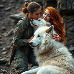 A powerful scene depicting a female Army combat medic helping an auburn-haired woman, who is wounded but brave