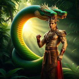 A majestic serpent-like Naga, intricately detailed with vibrant scales in shades of green and gold, gracefully intertwines with a human figure