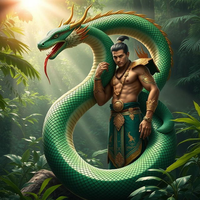 A majestic serpent-like Naga, intricately detailed with vibrant scales in shades of green and gold, gracefully intertwines with a human figure