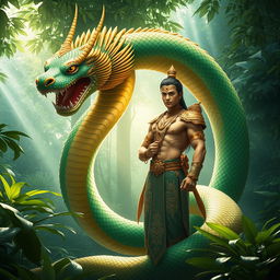 A majestic serpent-like Naga, intricately detailed with vibrant scales in shades of green and gold, gracefully intertwines with a human figure