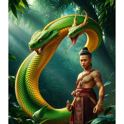 A majestic serpent-like Naga, intricately detailed with vibrant scales in shades of green and gold, gracefully intertwines with a human figure