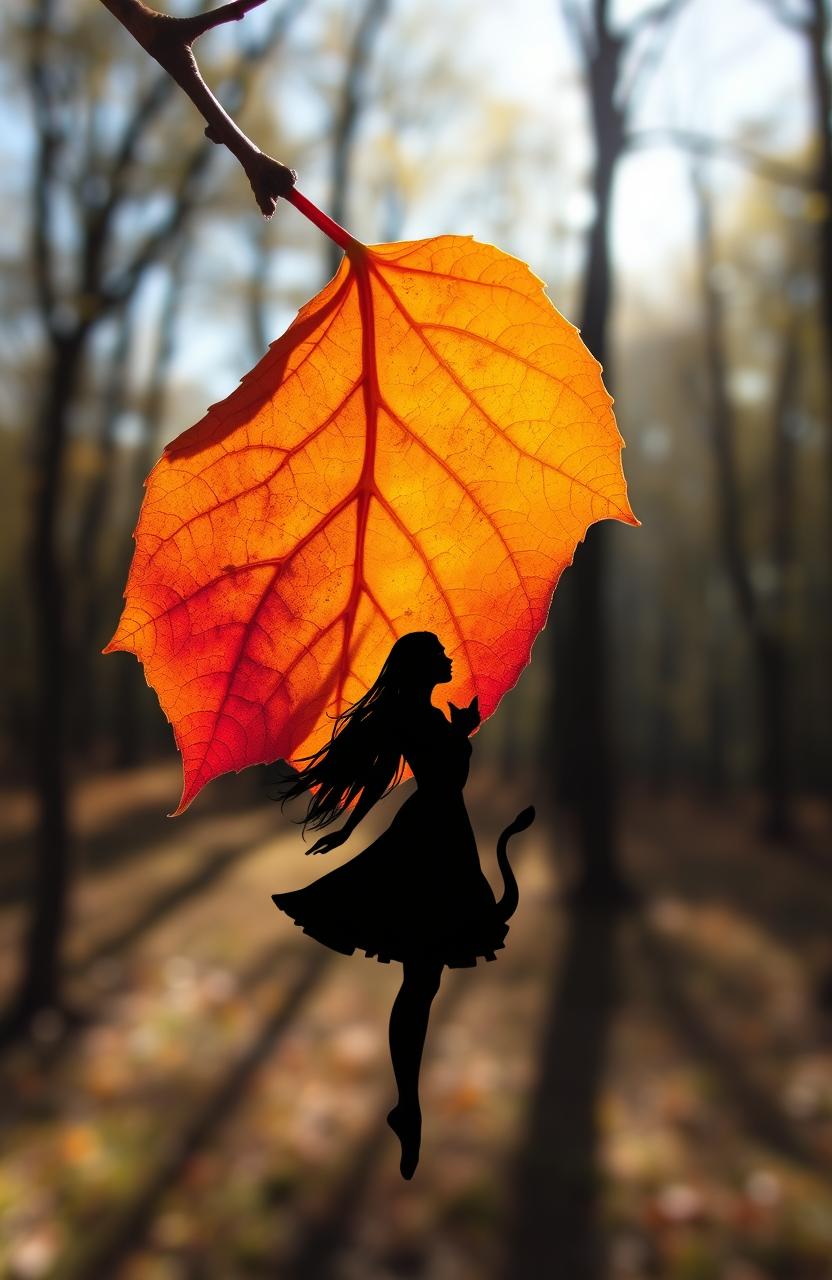 A stunning depiction of a single, delicate leaf hanging from a branch, its colors a vibrant mix of autumn hues – oranges, yellows, and reds
