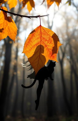 A stunning depiction of a single, delicate leaf hanging from a branch, its colors a vibrant mix of autumn hues – oranges, yellows, and reds