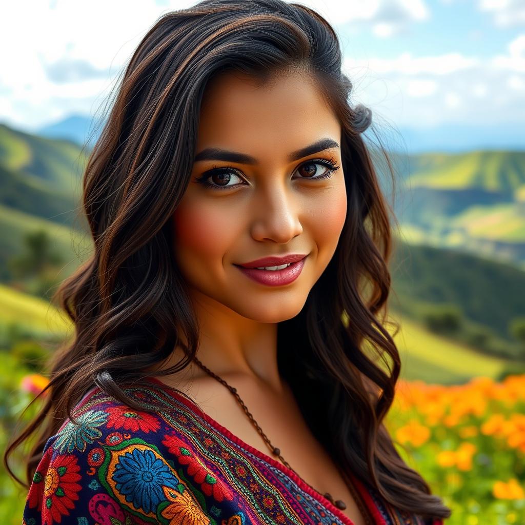 A stunning Colombian woman, 25 years old, facing the camera with confidence and grace