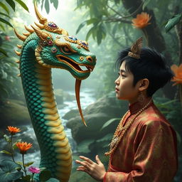 A mystical scene depicting a Naga (serpent deity) interacting with a human in a serene, lush jungle setting
