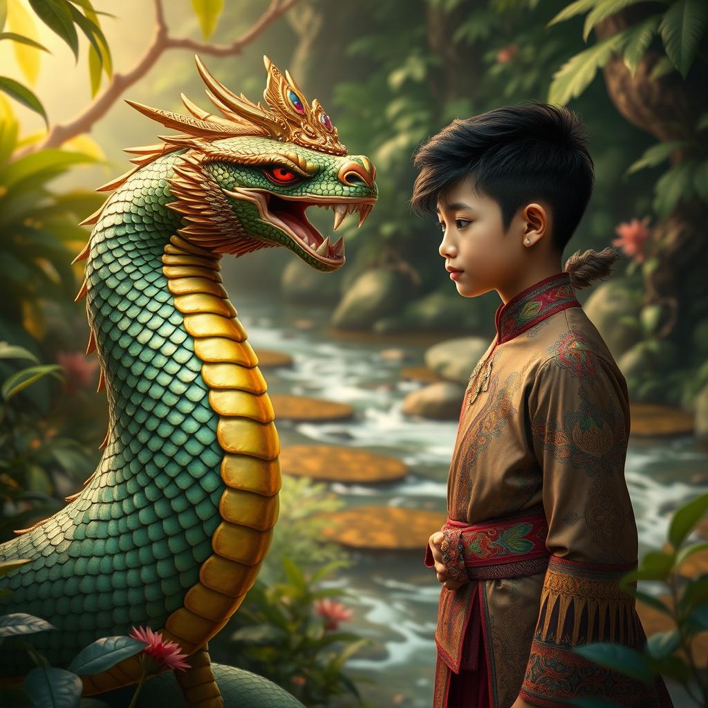 A mystical scene depicting a Naga (serpent deity) interacting with a human in a serene, lush jungle setting