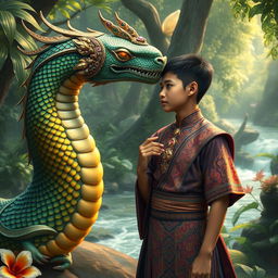 A mystical scene depicting a Naga (serpent deity) interacting with a human in a serene, lush jungle setting