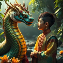 A mystical scene depicting a Naga (serpent deity) interacting with a human in a serene, lush jungle setting