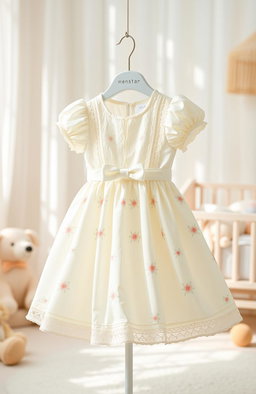 A beautiful baby dress designed for a brand called Menstar, featuring a charming pastel color palette with delicate floral patterns, lace trimmings, and soft, breathable fabric