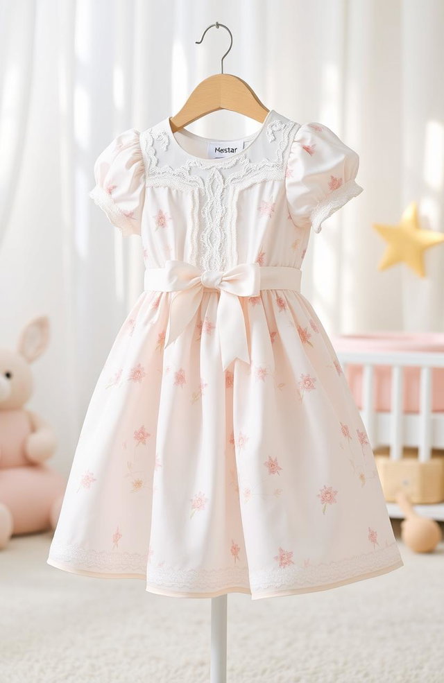 A beautiful baby dress designed for a brand called Menstar, featuring a charming pastel color palette with delicate floral patterns, lace trimmings, and soft, breathable fabric
