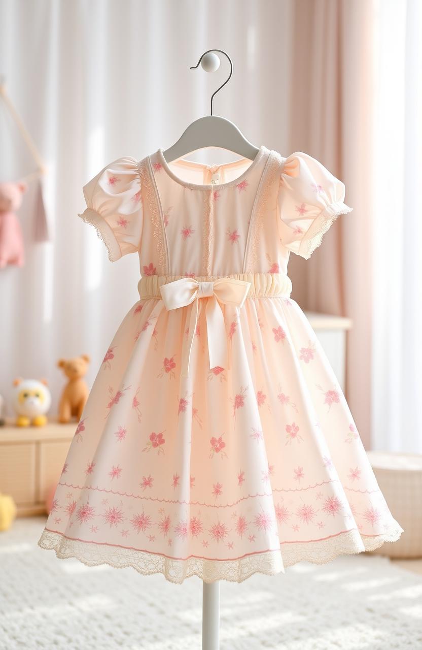 A beautiful baby dress designed for a brand called Menstar, featuring a charming pastel color palette with delicate floral patterns, lace trimmings, and soft, breathable fabric