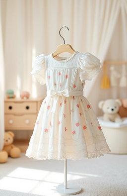 A beautiful baby dress designed for a brand called Menstar, featuring a charming pastel color palette with delicate floral patterns, lace trimmings, and soft, breathable fabric