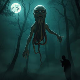 A terrifying scene of a ghostly figure resembling a traditional Thai 'Kraseu' spirit, with its head floating above its trailing intestines