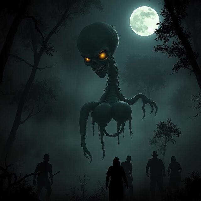 A terrifying scene of a ghostly figure resembling a traditional Thai 'Kraseu' spirit, with its head floating above its trailing intestines