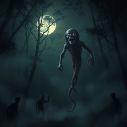 A terrifying scene of a ghostly figure resembling a traditional Thai 'Kraseu' spirit, with its head floating above its trailing intestines