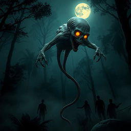 A terrifying scene of a ghostly figure resembling a traditional Thai 'Kraseu' spirit, with its head floating above its trailing intestines