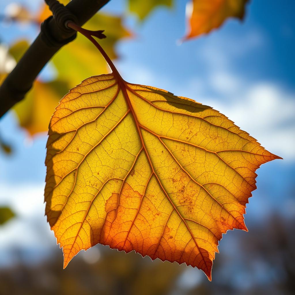 A close-up of the last leaf hanging on a tree branch, intricately detailed with vibrant hues of green and gold