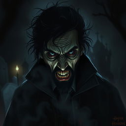 A terrifying and haunting depiction of a character named Amir Hossein, infused with elements from the horror genre like Annabelle and the curse of La Llorona