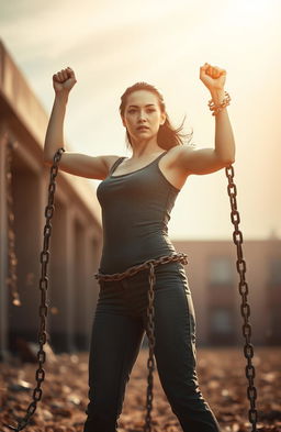 A powerful and inspiring image of a woman breaking free from chains symbolizing sexual slavery, standing in a strong and confident pose