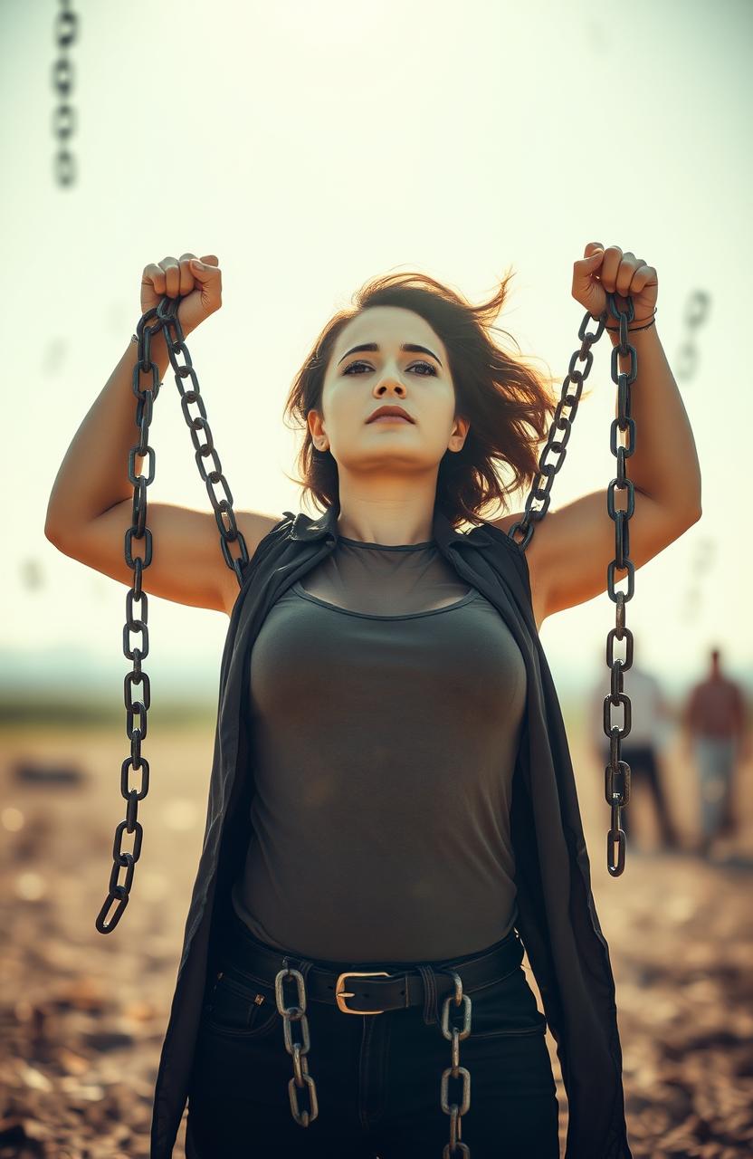 A powerful and inspiring image of a woman breaking free from chains symbolizing sexual slavery, standing in a strong and confident pose