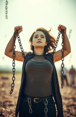 A powerful and inspiring image of a woman breaking free from chains symbolizing sexual slavery, standing in a strong and confident pose