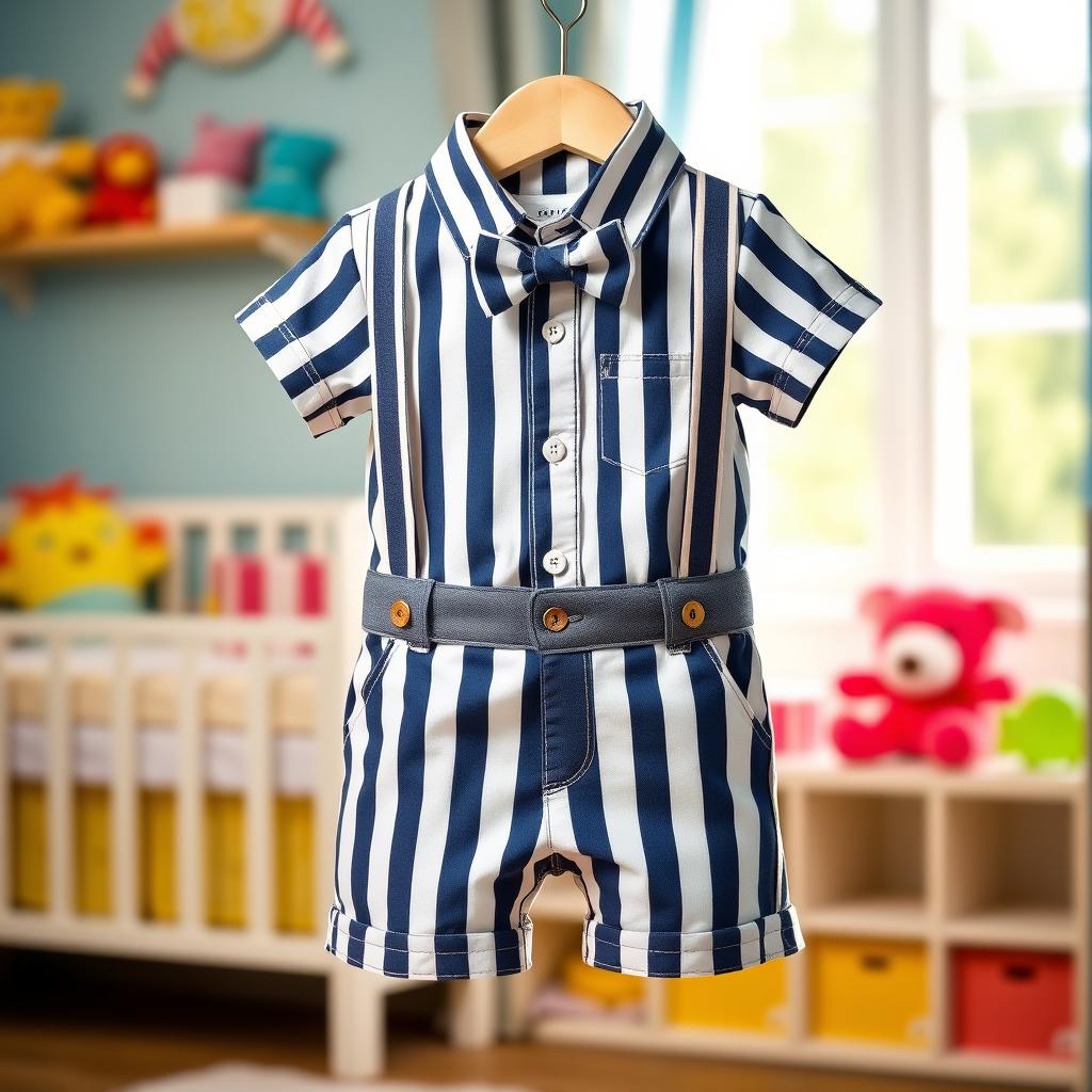 A stylish baby boy dress designed for a brand called Menster, featuring a charming navy blue and white striped pattern